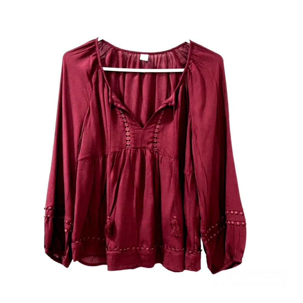 Old Navy Womens Small Burgundy Rayon Peasant Blouse Tassel Tie Balloon Sleeve